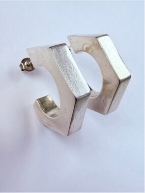 Modernist Geometric Chunky Hexnut Sterling Silver 925 VTG Hexangon Hoop Earrings